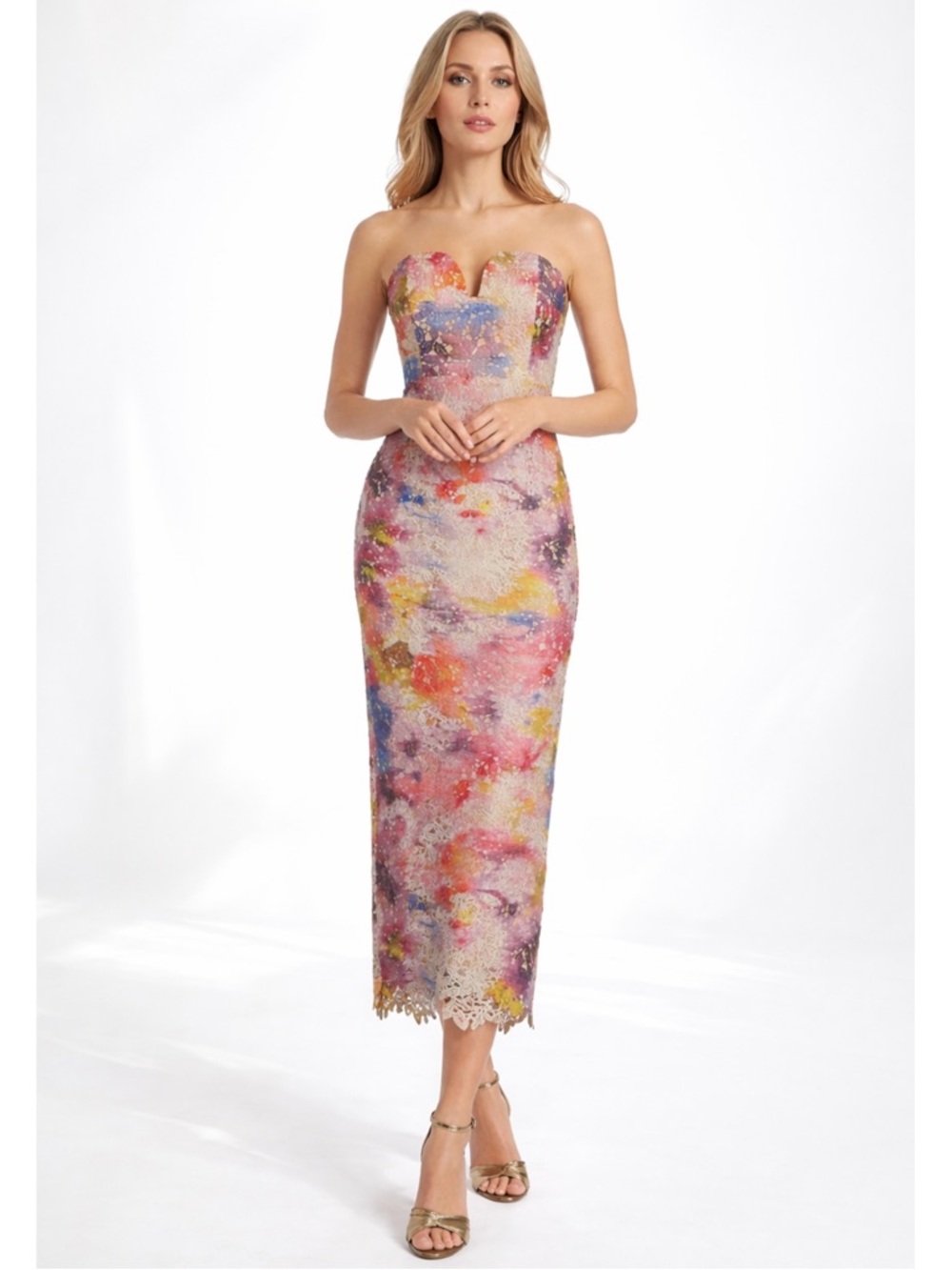 NWT Belle Badgley Mischka Stella Lace Floral Rainbow Strapless‎ Midi Dress